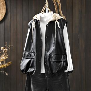 可拆卸帽子pu皮衣马甲外套女宽松显瘦秋季 复古帅气外搭夹克潮 新款