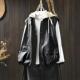 可拆卸帽子pu皮衣马甲外套女宽松显瘦秋季 复古帅气外搭夹克潮 新款