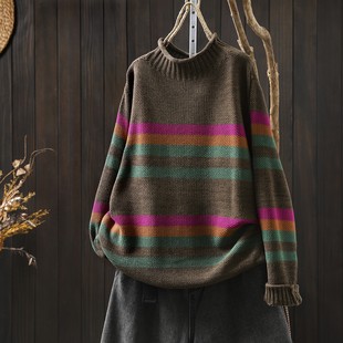 半高领复古条纹撞色棉线针织宽松休闲毛线衣 冬季 毛衣女款 2025新款