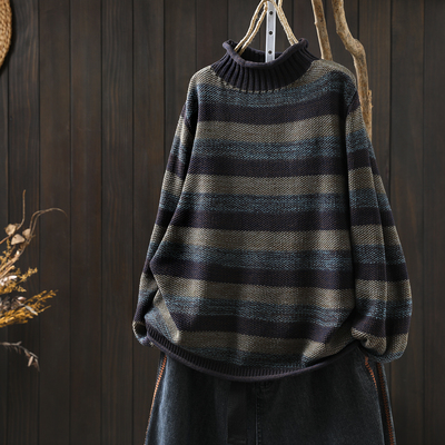 毛衣女秋冬2025新款半高领条纹棉线针织慵懒高级感内搭外穿针织衫