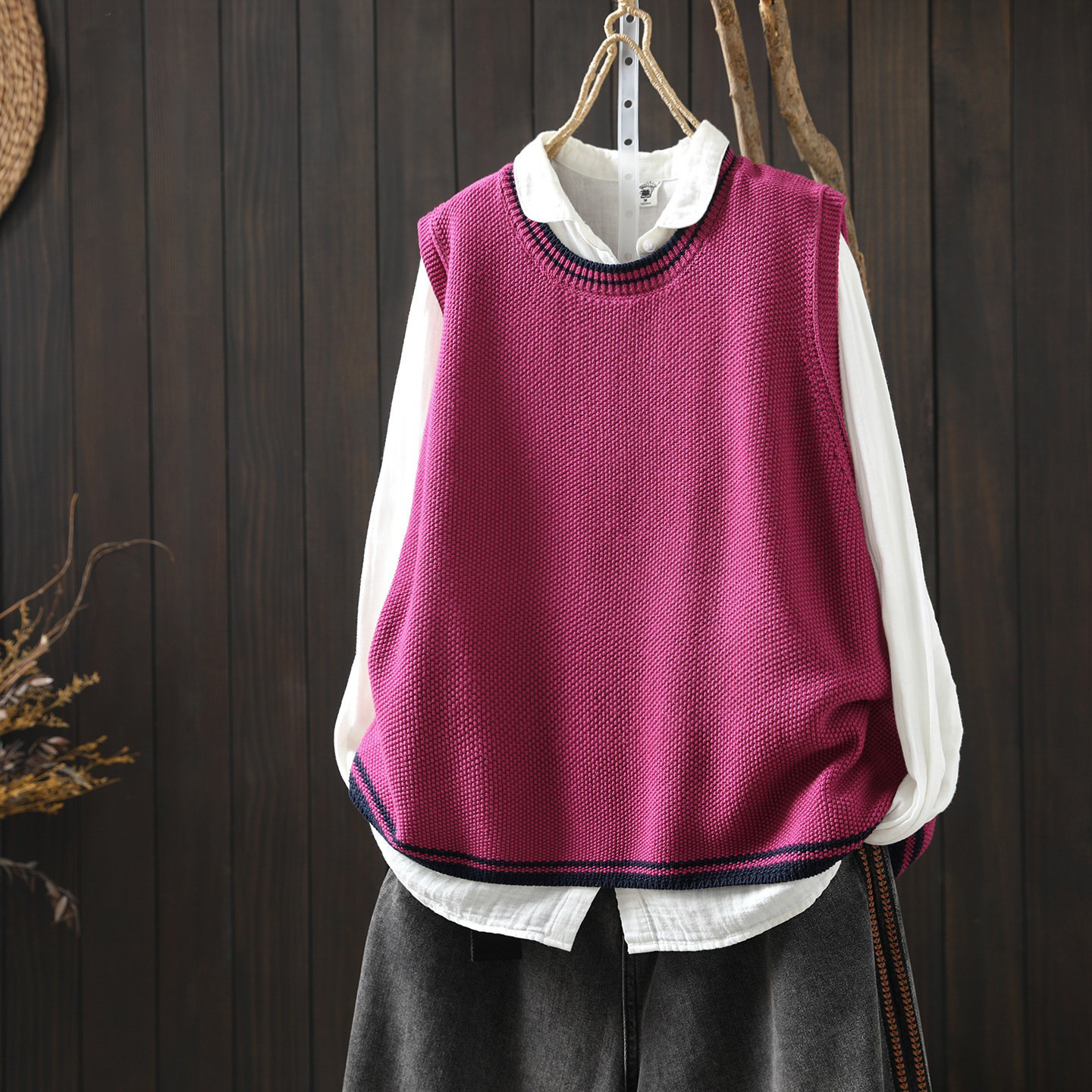 红色马甲女时髦洋气2026春新款棉线针织大码宽松无袖气质叠穿背心