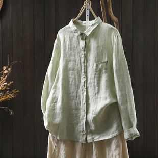 亚麻衬衫女款2026新款春装季细条纹简约宽松文艺百搭翻领长袖衬衣