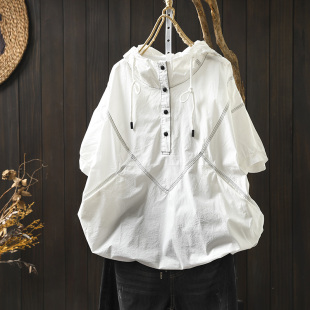 2026春独特超好看短袖 通勤百搭宽松T恤上衣 别致连帽抽绳设计时尚