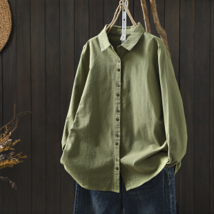 绿色磨毛纯棉洋气显白长袖 新款 衬衣 女2026春季 独特超好看单穿衬衫
