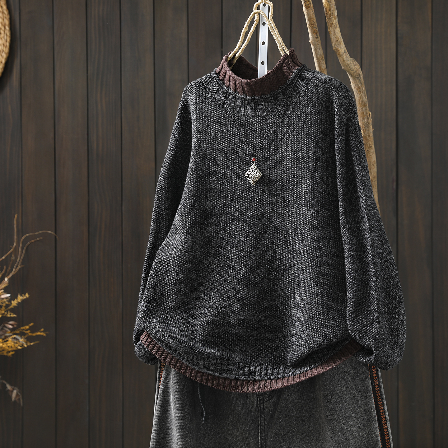 慵懒松弛感毛线衣女2025秋冬新款棉线撞色拼接半高领内搭宽松毛衣