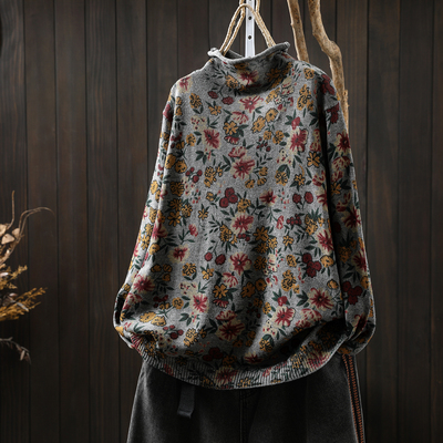 秋冬新款上衣女2025新款半高领棉线毛衣印花文艺洋气宽松薄款毛衫