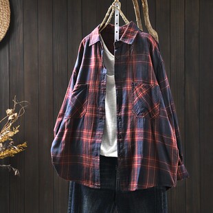 衬衣女款2026新款爆款春装纯棉长袖格子衬衫复古翻领外搭上衣外套