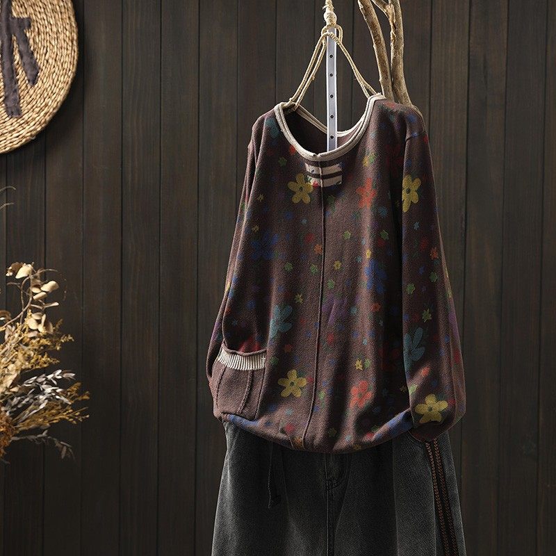 开衫外套2025新款秋季棉线针织花朵印花单口袋宽松慵懒风套头上衣,女装/女士精品,毛针织衫,淘宝优惠券,粉丝福利购,淘宝优惠卷