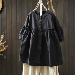 小个子减龄圆领薄衬衣 女夏秋2026新款 黑色木耳边拼接纯棉短袖 衬衫