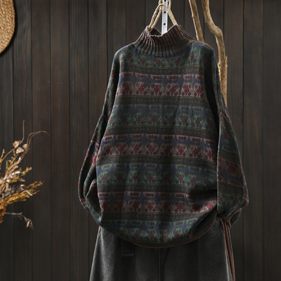 半高领毛衣内搭可外穿女2025秋冬新款大码民族风印花棉线针织上衣