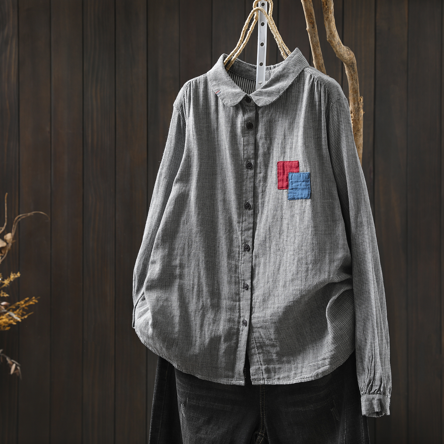 衬衣女款2025新款爆款秋双层棉纱小格撞色贴布设计感文艺宽松衬衫