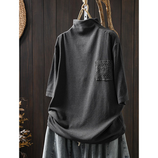 宽松百搭设计感套头打底上衣 装 纯色蕾丝口袋半高领短袖 t恤女春装