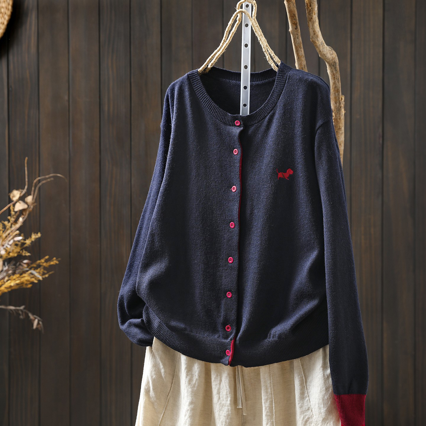 小狗刺绣针织开衫外套薄款早秋2025气质休闲6羊毛单排扣外搭毛衣