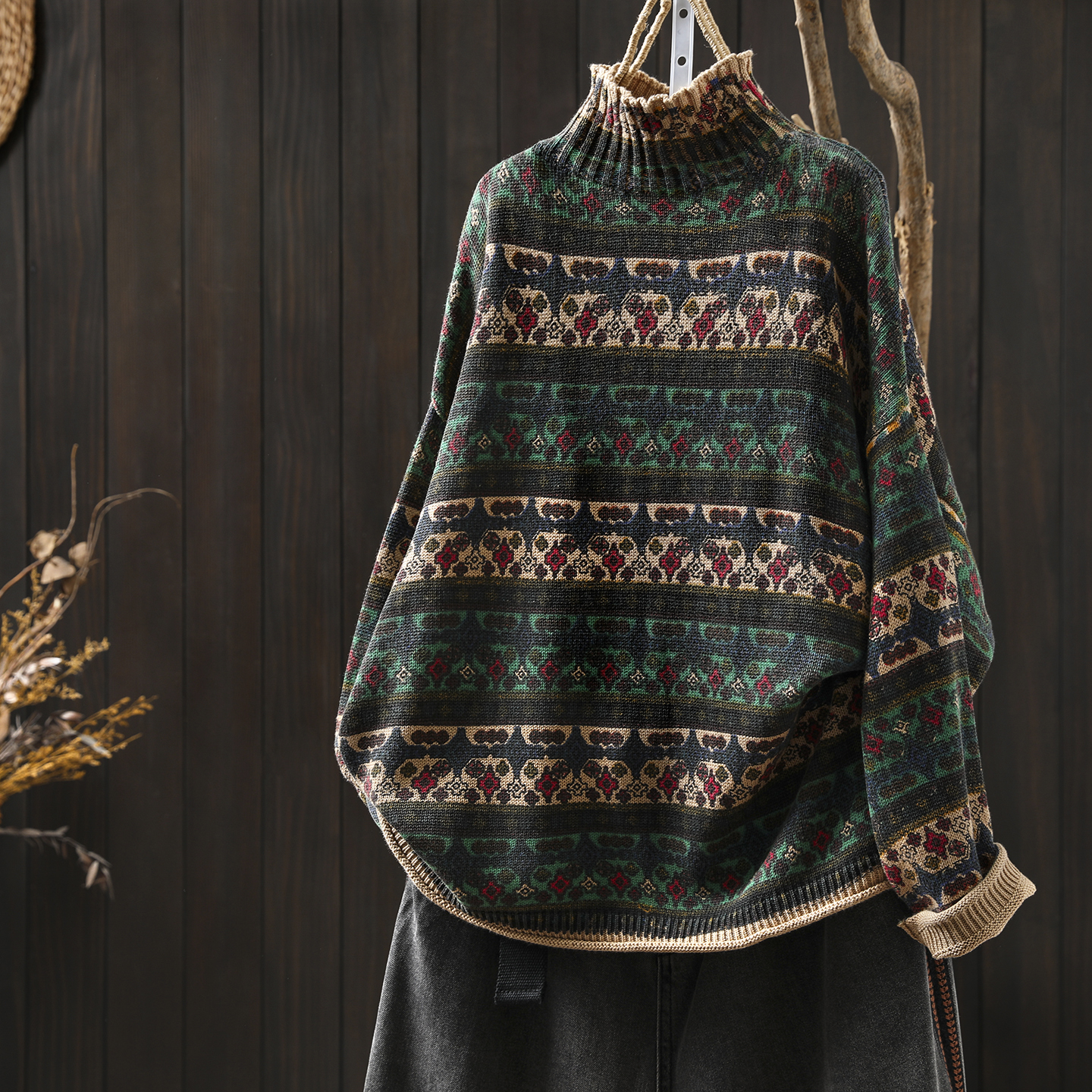 慵懒松弛感毛线衣女2025新款秋冬洋气印花半高领复古文艺宽松毛衣