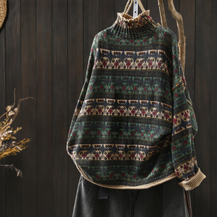 慵懒松弛感毛线衣女2025新款 秋冬洋气印花半高领复古文艺宽松毛衣