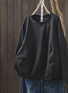 黑色t恤女2026初春新款长袖流行不撞款百搭拼接设计圆领套头上衣