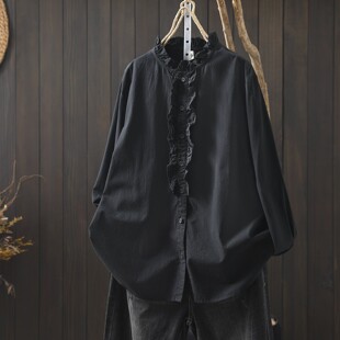 长袖 小资2026新款 纯棉独特超好看高级轻奢衬衣 女上衣法式 黑色衬衫