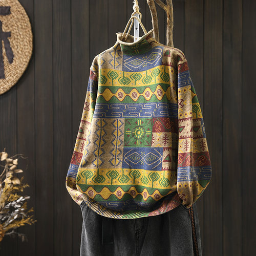 棉线常规半高领套头拼色针织衫