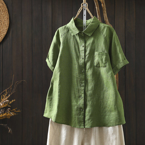 洋气独特超好看小衫女士亚麻短袖22026正流行的夏季新款绿色T恤