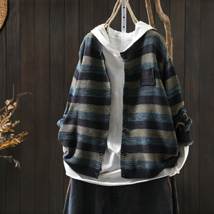 巨好看的春装上衣女款2026新款复古条纹棉线针织宽松休闲开衫外套