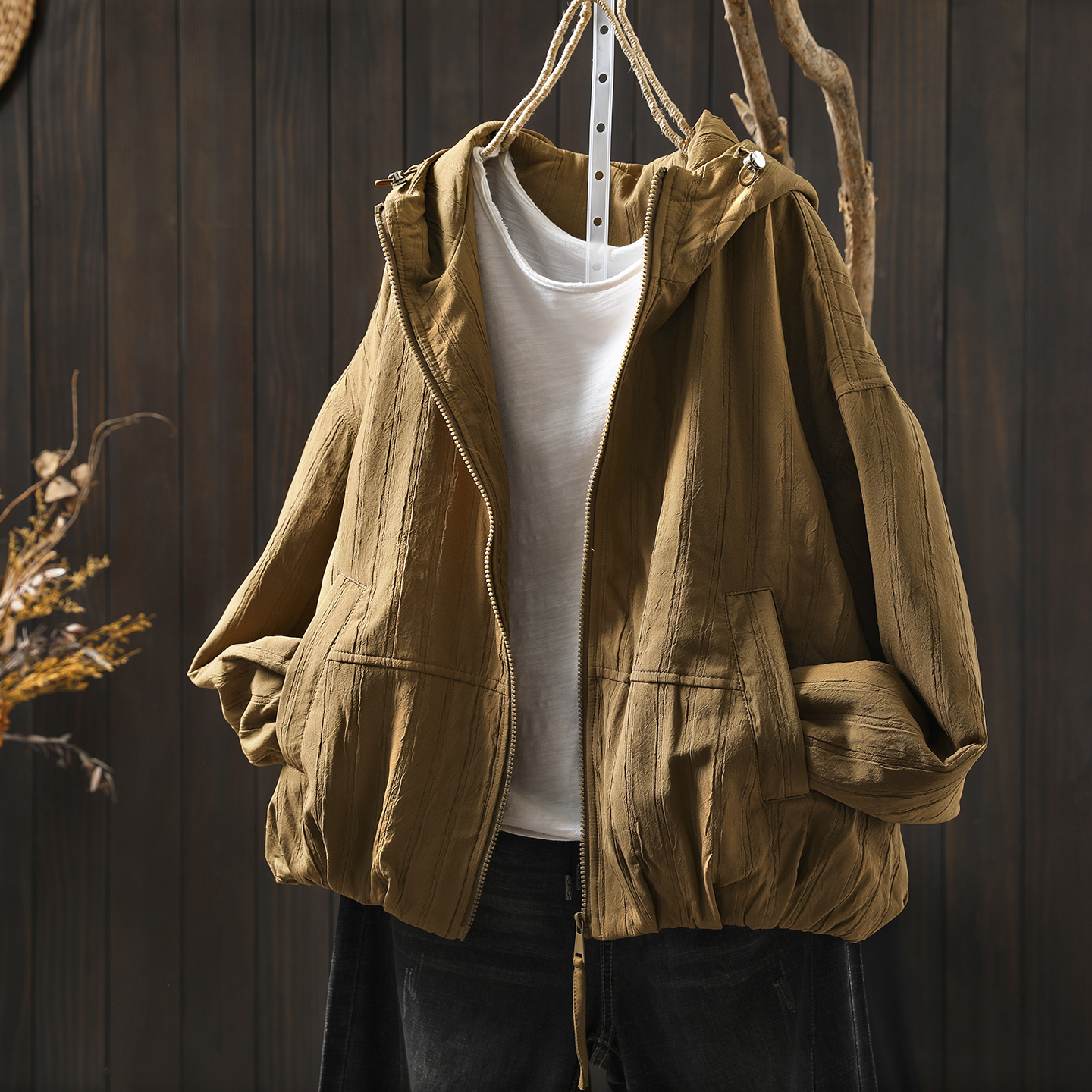 巨好看的早秋外套女2025新款连帽条纹薄款小个子宽松休闲百搭上衣