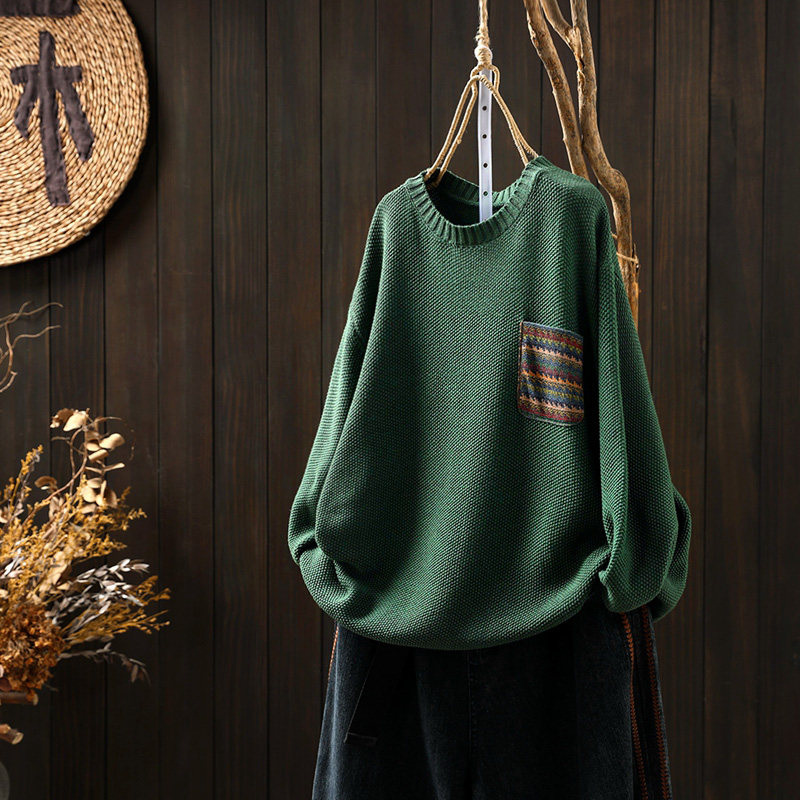 碎花贴布口袋棉线针织毛衣女宽松大码秋复古休闲圆领套头长袖线衣,女装/女士精品,毛针织衫,淘宝优惠券,粉丝福利购,淘宝优惠卷