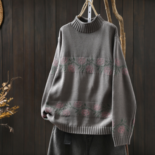 毛衣女冬2025新款 半高领花朵棉线针织内搭独特漂亮不起球套头毛衫