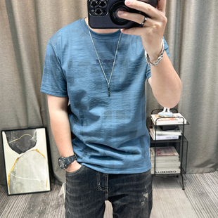 棉麻短袖t恤衫男士2026夏季新款高端男装薄款格子印花中老年上衣