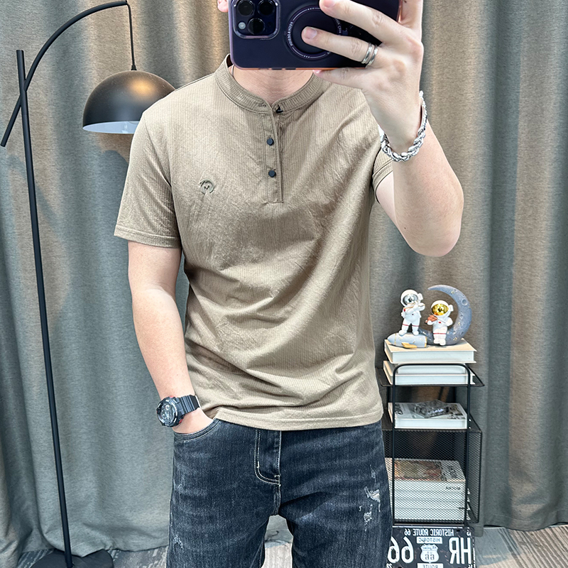 立领短袖t恤衫男士2025夏季新款薄款棉麻半袖体恤衫男装修身上衣