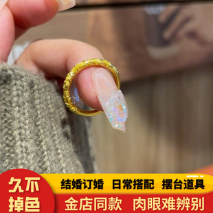 黄金古法传承紫荆花戒指999金雕花素圈指环久不掉色气质实心指环