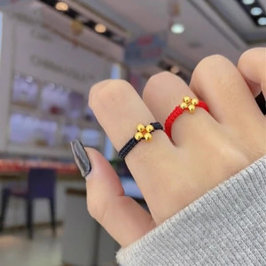 手工编绳999足金转运珠戒指情侣款24K纯金四叶草红黑绳小金珠指环