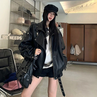 仿皮衣外套女春秋夹克西装领风衣宽松显瘦机车服美式高级感小个子