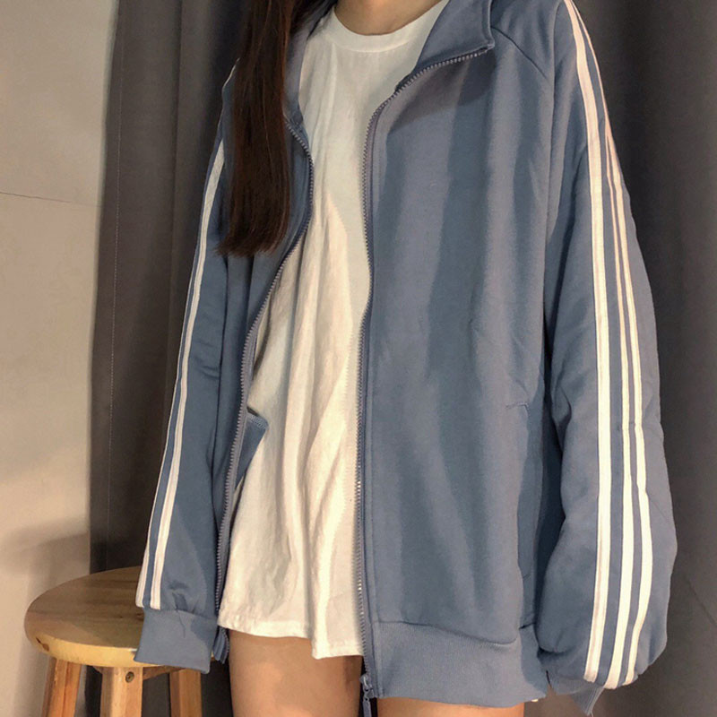 休闲运动外套卫衣女春秋长袖宽松薄款开衫拉链2022学生三道杠百搭