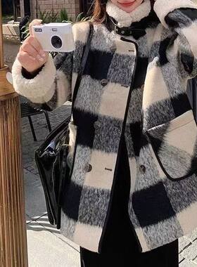 格子毛呢外套女中长款西装领