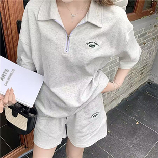 运动套装女夏季短裤短袖两件套学生体育跑步服宽松透气polo衫上衣