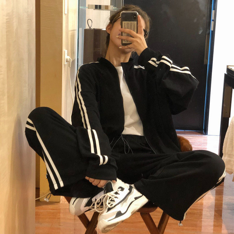 学生体育跑步休闲运动套装女春秋大码港味外套班服宽松阔腿两件套