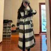 西装 格子毛呢外套女秋中长款 双排扣过膝大衣宽松韩版 领风衣学生潮