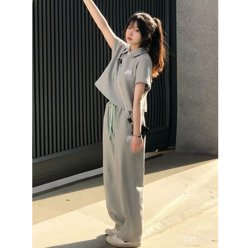 运动休闲套装女夏季学生短款小个子阔腿长裤polo领上衣两件套宽松