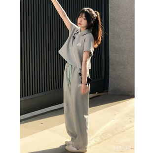 运动休闲套装女夏季学生短款小个子阔腿长裤polo领上衣两件套宽松