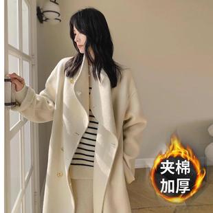 慵懒风衣宽松 领大衣过膝大码 毛呢外套女秋冬中长款 双排扣夹棉西装