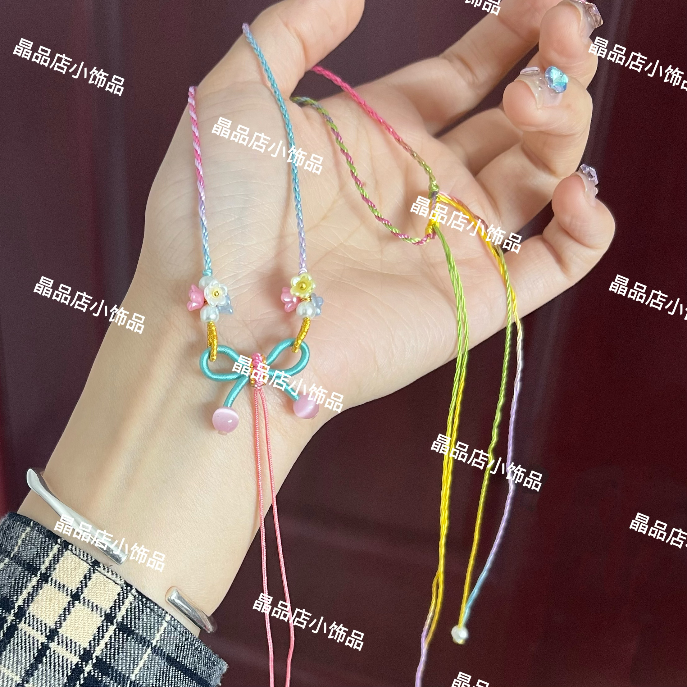 端午节段染五彩蝴蝶结项链编绳半成品可穿平安扣吊坠蝴蝶结锁骨链