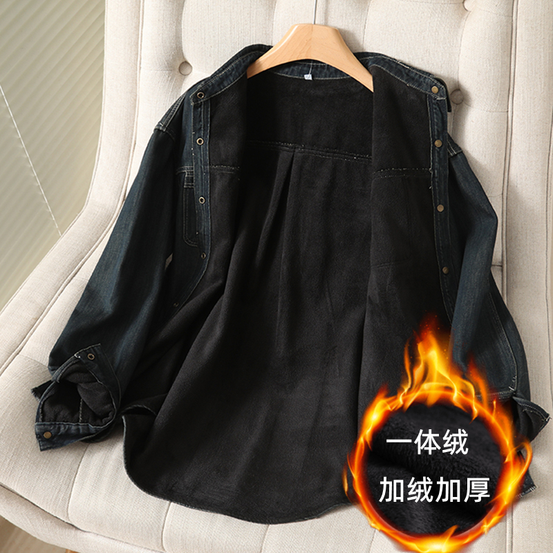 一体绒秋冬新款牛仔加绒衬衫女厚
