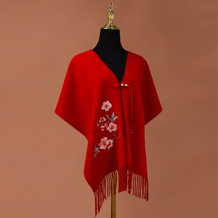 秋冬季国风红色盘扣刺绣护肩颈披肩围巾送妈妈长辈礼物本命年礼盒