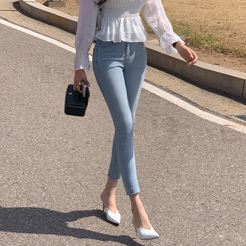 小脚牛仔裤女修身2023年春秋季新款高腰弹力紧身浅色小直筒九分裤