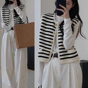 小香风黑白条纹无袖 外搭外穿毛衣马夹背心 针织马甲外套女秋冬开衫
