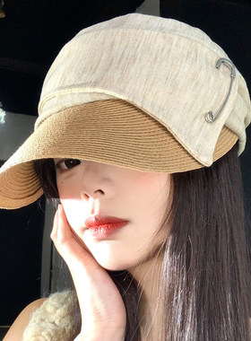 草编拼色褶皱渔夫帽女夏