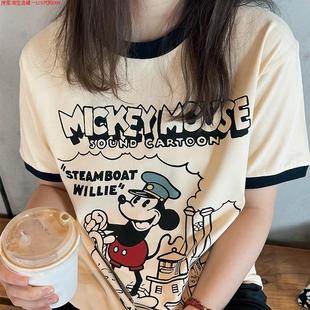 Rouje Dsyle米奇蒸汽船卡通动漫T恤印花纯棉宽松复古百搭休闲短袖