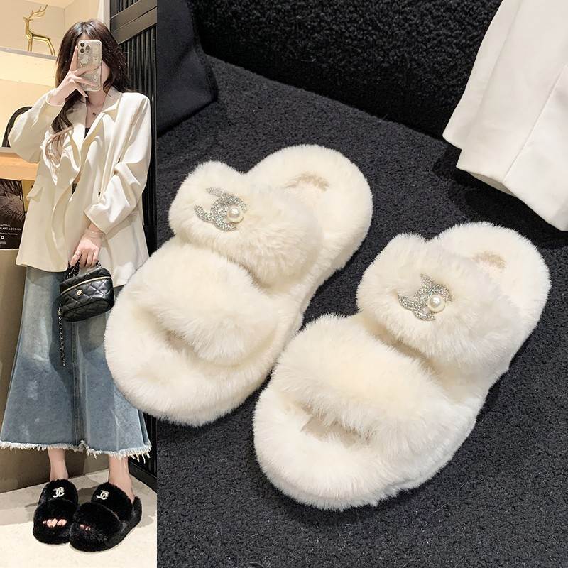 小香风毛毛拖鞋女 6cm厚底外穿毛绒拖鞋 双C钻标踩屎感时尚一字拖