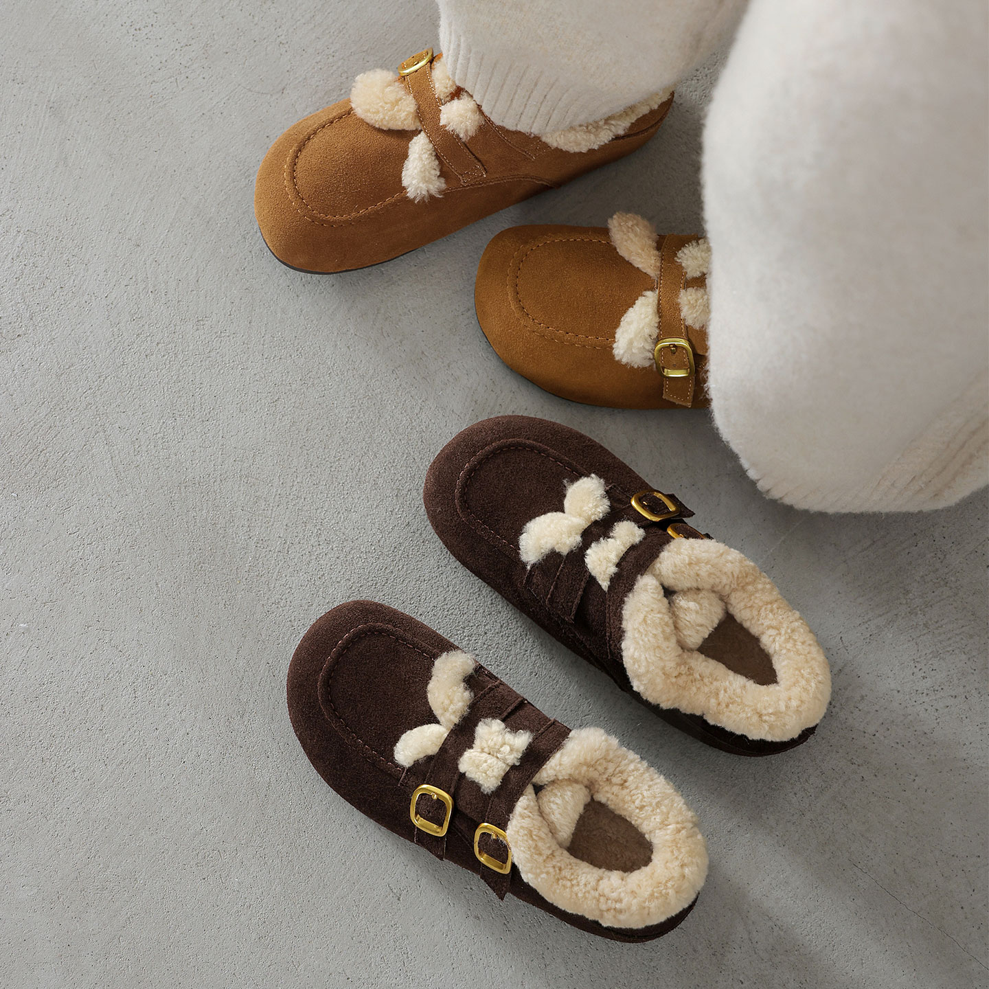 磨砂真皮内勃肯鞋女冬季加绒保暖棉鞋羊皮毛一体乐福鞋