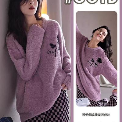 冬季珊瑚绒睡衣女高级感撞色格子加厚半边绒可外穿长袖家居服套装
